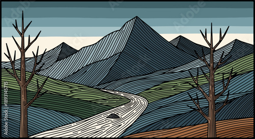 Illustration of a mountainous landscape with a winding highway and leafless trees