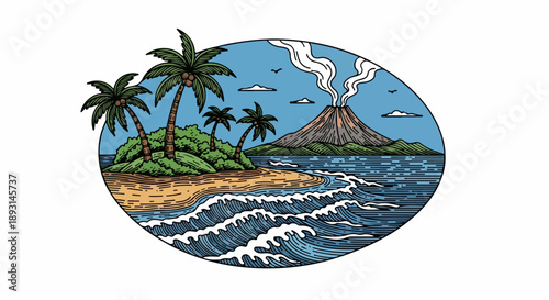 Tropical island scene with palm trees, sandy beach, and distant volcano