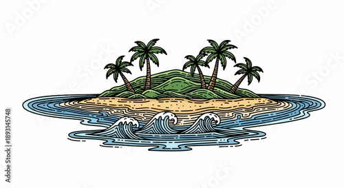 Tropical island with sandy beach, palm trees, and ocean waves