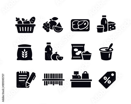 Food Shopping Icons. Food Shopping. Solid icon set of Food Shopping: produce basket, fruit selection, meat tray, dairy products, grains pack, juice bottle,
