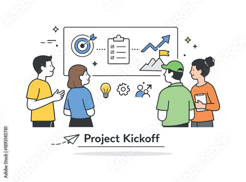 Team Planning Session. Project kickoff huddle. A team briefly gathering around a board with simple icons and goals. The illustration suggests alignment,