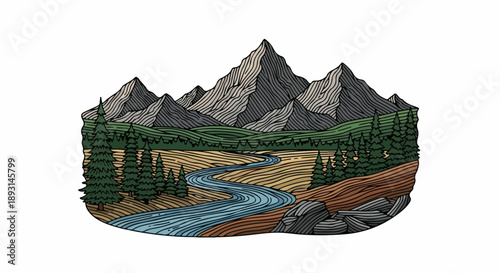 Dramatic wilderness landscape with mountains, forest, river, and rocky outcropping
