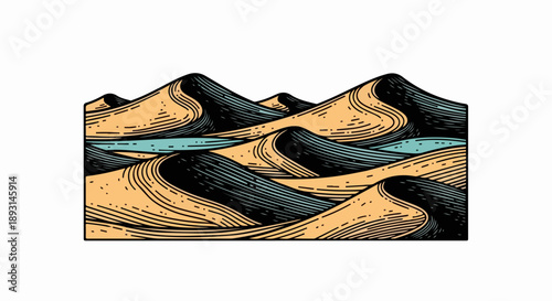 Detailed landscape illustration of a serene river flowing through rugged mountains with muted earth tones and light blue waters