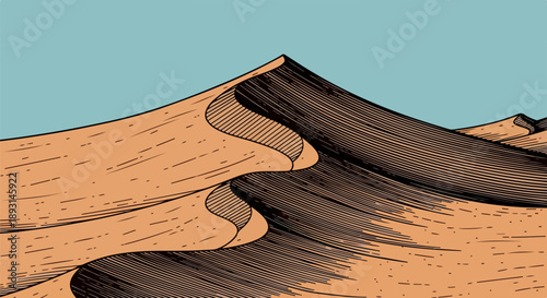 Desert landscape with towering sand dunes and a soft light blue sky