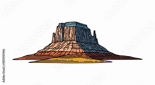 Detailed illustration of a towering layered rock formation in a desert landscape with earthy tones