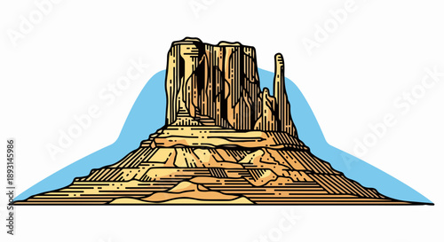 Towering rock formation in a vast desert landscape under a clear blue sky