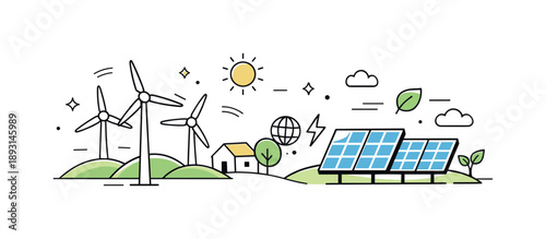 Renewable Energy Harmony. Climate change awareness ? renewable energy. Wind turbines and solar panels arranged in a simple landscape, symbolizing sustainable