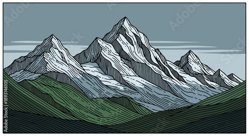 Detailed illustration of a serene mountain range with rugged, snow-capped peaks and rolling green hills