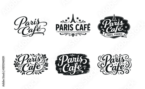 Parisian Lettering Artistry. Parisian cafe vibes. Set lettering. harmonious lettering variations of the same emblematic concept, each with different artistic
