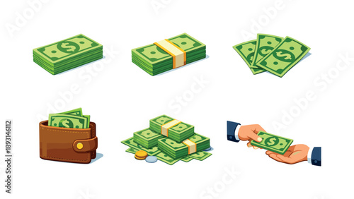 Colorful Money Icons. Money cash. Isometric flat vector icons set of Money cash: stack of banknotes, cash bundle with band, loose paper money, wallet with