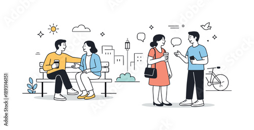 Urban Serenity Scene. Urban daily routine. City dwellers enjoying a peaceful moment outdoors, light conversation and slow pace, minimal cityscape details