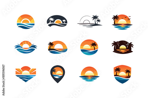 Coastal Icon Variations. Beach landscapes and coastal beauty. Icon set. Set Logo of Beach landscapes and coastal beauty: sun setting over ocean horizon.