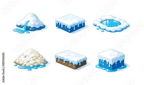 Snow Melt Icons. Snow melt details. Isometric flat vector icons set of Snow melt details: snow pile with runoff, icy snow cap, snow with reflective puddle,
