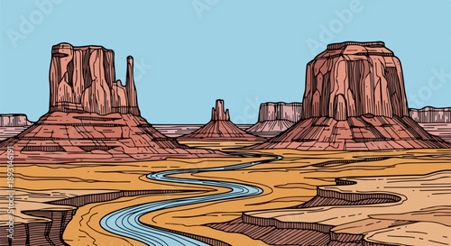 Expansive desert landscape with rugged rock formations and a winding riverbed