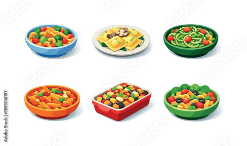 Vegetarian Pasta Icons. Vegetarian pasta. Isometric flat vector icons set of vegetarian pasta: pasta primavera bowl, mushroom ravioli, zucchini pasta spirals,