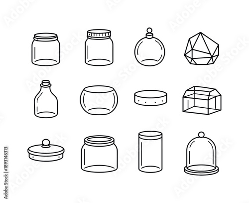 Glass Terrarium Icons. Glass Terrarium Containers. Line icon set of Glass Terrarium Containers: open glass jar, closed glass jar, hanging terrarium, geometric