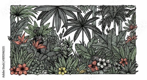 Tropical garden with palm trees, ferns, and vibrant flowers in natural daylight