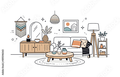 Crafted Modern Harmony. Artisanal home decor items modern interior. A balanced editorial scene combining handmade decor with a clean modern room, showing