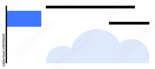 Data storage, technology interface, connectivity, progress, information systems, cloud computing. Icon a cloud with a blue flag and abstract horizontal lines. Cloud computing and data storage