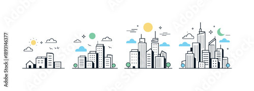 Vertical City Evolution. Vertical city growth. High-rise buildings increasing density, modern skyline evolving upward. Clean composition with simple blocks,