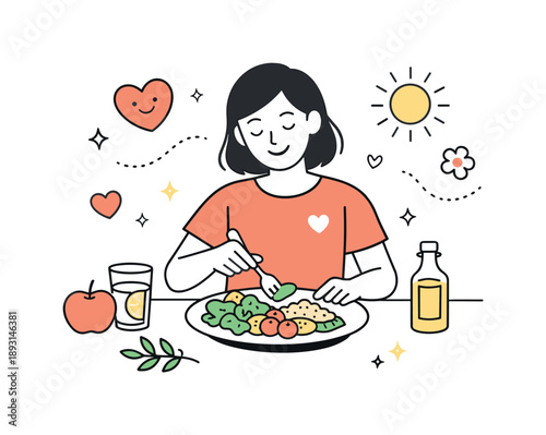 Nourishing Meal Preparation. Healthy eating and nutrition for self-care ? self-love through food. Person smiling while plating a healthy meal, positive and