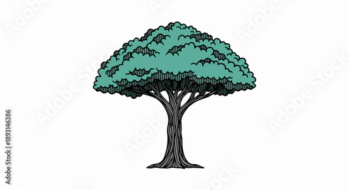 Illustration of a solitary tree with a thick gnarled trunk and vibrant green leaves outlined in black