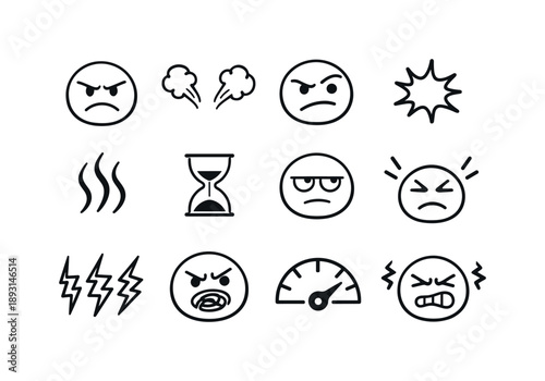 Irritation Icons Grid. Irritation expression. Line icon set of Irritation expression: annoyed face, small steam puffs, raised brow, tight mouth, stress mark,