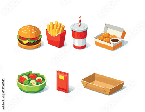Isometric Fast Food Combo. Fast food combo. Isometric flat vector icons set of fast food combo: burger with fries, soda cup, chicken nuggets, side salad,