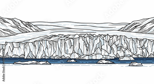 Rugged mountainous landscape with expansive glacier and floating icebergs
