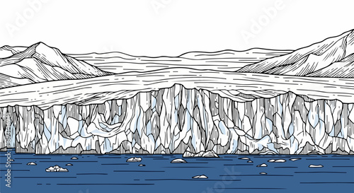Detailed polar landscape illustration with icy terrain, dark blue water, ice floes, and snow-covered mountains