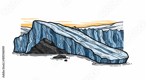 Dramatic glacier landscape with icy blue surface and rocky outcrop under golden sky