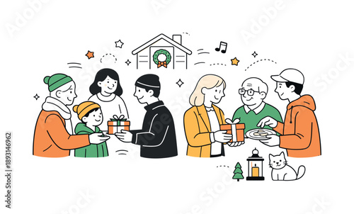 Festive Gifting Scene. Festive neighbor gifting. People sharing small presents and holiday wishes in a friendly atmosphere. Calm celebration and community