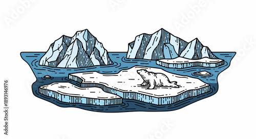 Arctic landscape illustration with polar bear on ice floe and snow-covered mountains