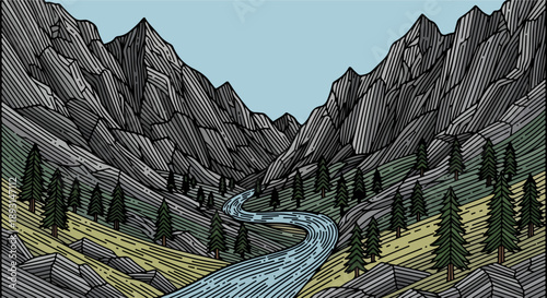 Rugged mountainous landscape with winding river and evergreen trees