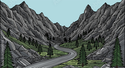 Illustration of a mountainous landscape with a winding road and evergreen trees