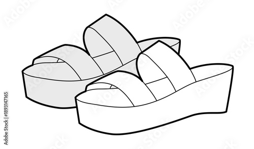 Flatform sandal shoe women sketch pair. Double strap platform sandal for casual city outfit bold look. Technical fashion illustration CAD mockup vector man unisex isolated classic style.