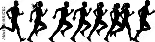 Runner silhouette set of sprinters, runners and joggers running track or jogging. People silhouettes in outline. Women and men, male and female athletes racing. 