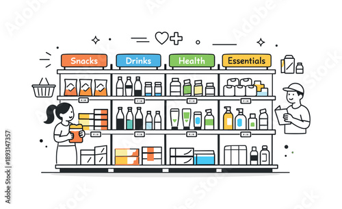 Efficient Store Layout. Product organization concept. A store shelf with clear sections and labels highlights efficiency and customer-friendly design. The