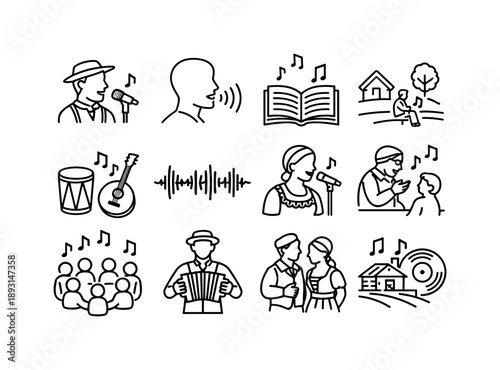 Dialect Singing Icons. Dialect Singing. Line icon set of Dialect Singing: regional singer icon, local accent voice, folk dialect lyrics, village singing scene,