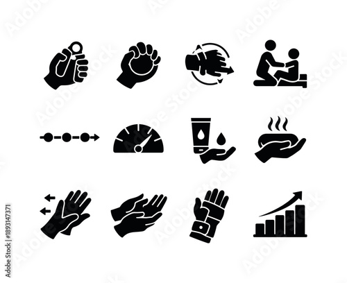 Hand Therapy Icons. Hand Therapy. Solid icon set of Hand Therapy: hand exercise, stress ball, wrist rotation, physical therapy icon, recovery timeline,