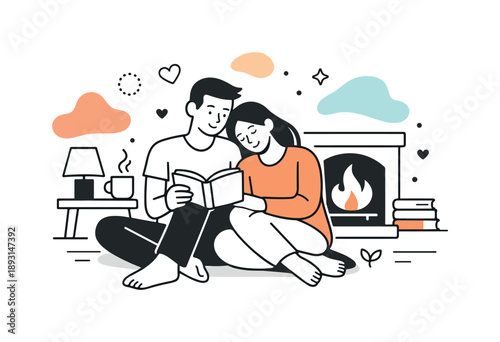Intimate Fireplace Moments. Relaxing evening together. Partners sitting near a fireplace or reading corner, gentle interaction with abstract warm shapes