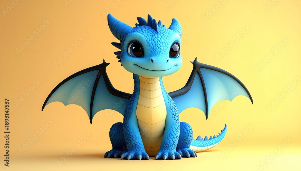 Naklejka premium Adorable Blue Dragon Figurine with Wings and Smiling Expression on Yellow Background.