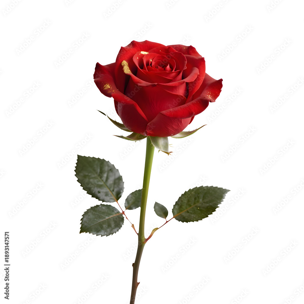 Fototapeta premium A single long-stemmed red rose with leaves, a classic valentine symbol