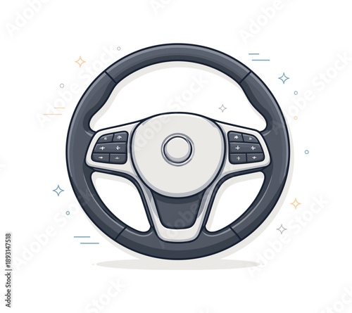 Minimalist Steering Wheel. Steering wheel close-up. A detailed close-up of a steering wheel centered in frame, showing texture and simple controls. The scene