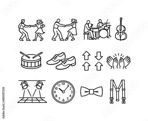 Lindy Hop Icons. Lindy hop party. Line icon set of Lindy hop party: lindy hop dancers, swing out move, jazz trio, upright bass, snare drum, dance shoes, dance