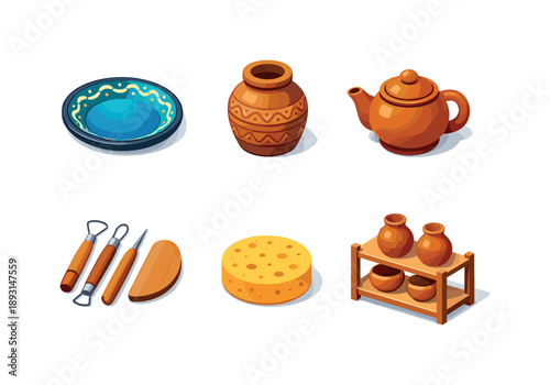 Colorful Pottery Icons. Handmade pottery pieces. Isometric flat vector icons set of Handmade pottery pieces: glazed ceramic plate, textured clay jar, teapot