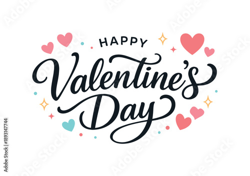 Valentine's Day Typography. ?Happy Valentine?s Day? hand-lettered typography with soft script and floating hearts around, friendly romantic mood with clean