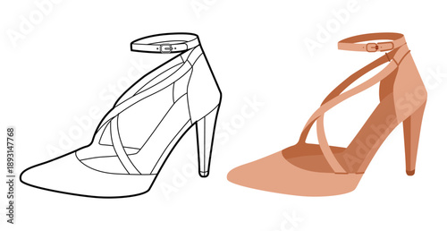 Nude ankle strap stiletto shoe women flat plus line set. Strappy dress sandal shoe for celebration fashion look. Technical fashion illustration, CAD mockup, mixed vector men unisex isolated chic style