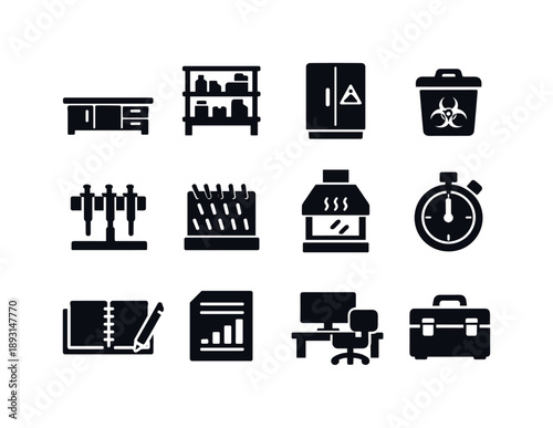 Lab Equipment Icons. Lab environment. Solid icon set of Lab environment: bench surface, shelving unit, chemical cabinet, waste container, pipette stand, drying