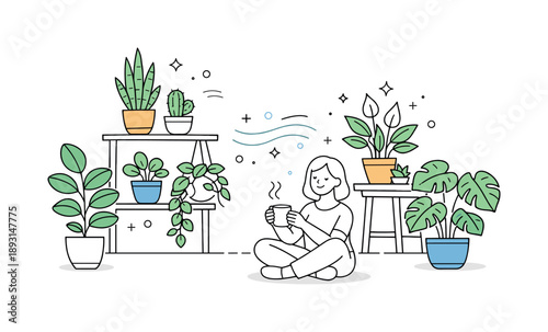 Houseplants for Pure Air. Plants purifying indoor air. A variety of houseplants arranged on shelves and tables, with subtle floating abstract particles